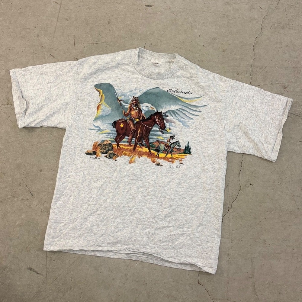 Vintage 1995 Hazelwoods Colorado Native American Eagle T-Shirt Gray XXL USA Made
